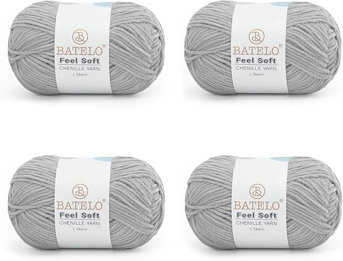 Four gray BATELO thin chenille yarn skeins with Feel Soft labels on a white background