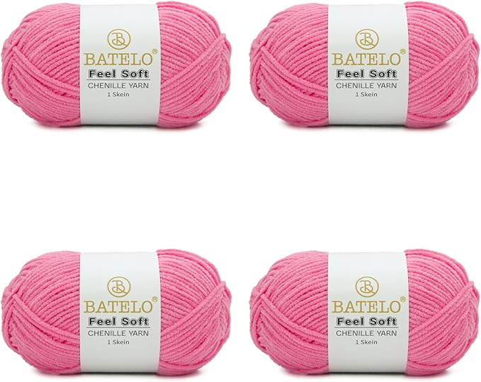 Four hot pink BATELO thin chenille yarn skeins with Feel Soft labels on a white background
