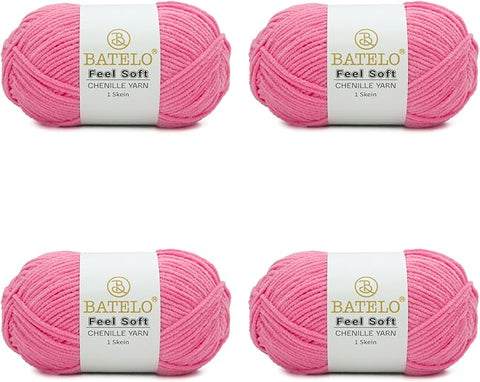 Four hot pink BATELO thin chenille yarn skeins with Feel Soft labels on a white background