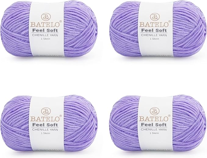 Four lavender BATELO thin chenille yarn skeins with Feel Soft labels on a white background