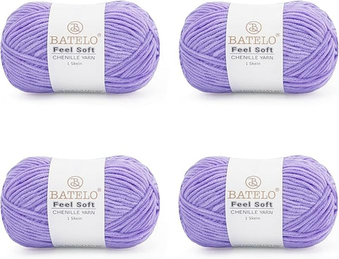 Four lavender BATELO thin chenille yarn skeins with Feel Soft labels on a white background