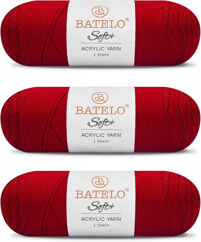 Three red BATELO medium acrylic yarn skeins with white labels on a white background