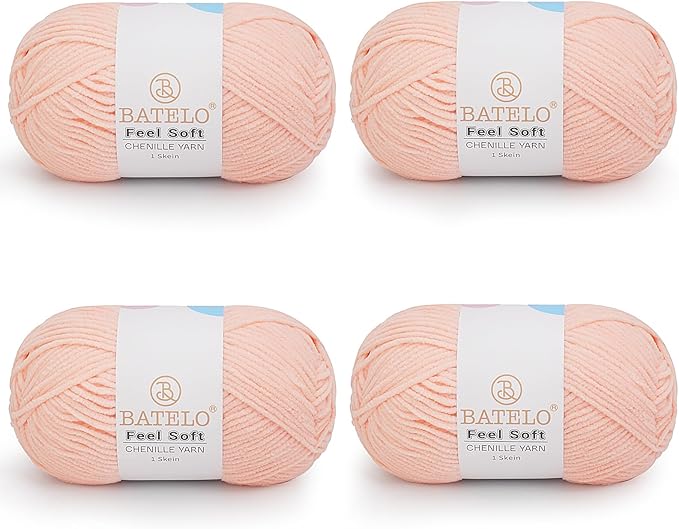 Four peach BATELO thin chenille yarn skeins with Feel Soft labels on a white background