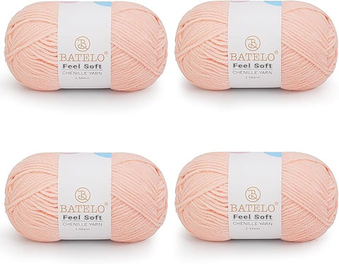 Four peach BATELO thin chenille yarn skeins with Feel Soft labels on a white background