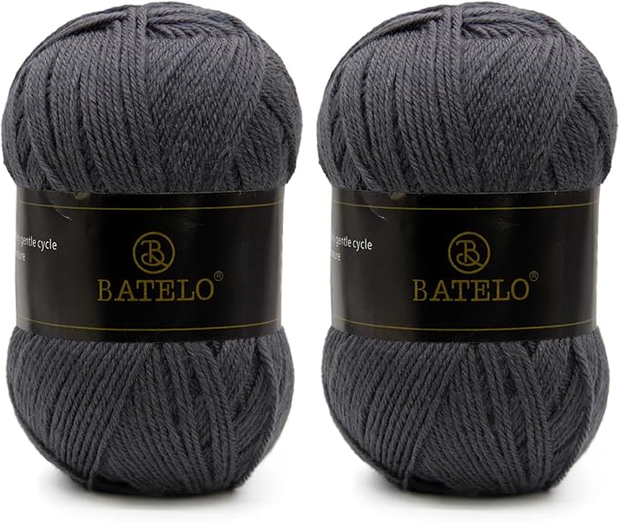 Two dark gray BATELO light acrylic yarn skeins with branded bands on a white background