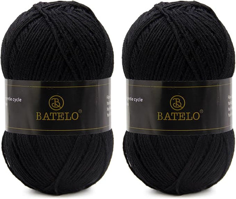 Two black BATELO light acrylic yarn skeins with branded bands on a white background