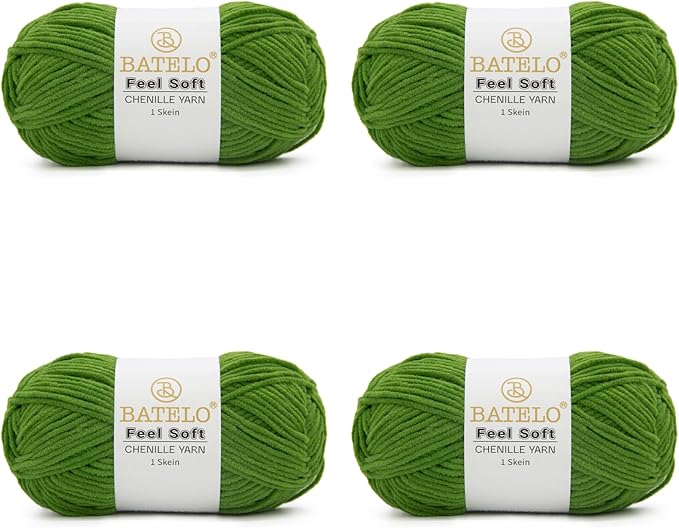 Four olive green BATELO thin chenille yarn skeins with Feel Soft labels on a white background