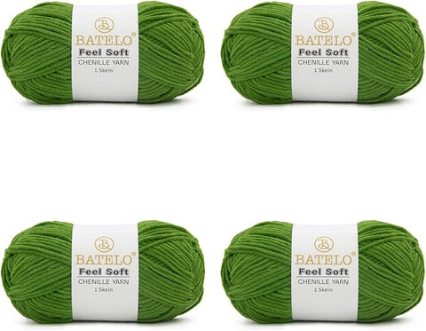 Four olive green BATELO thin chenille yarn skeins with Feel Soft labels on a white background