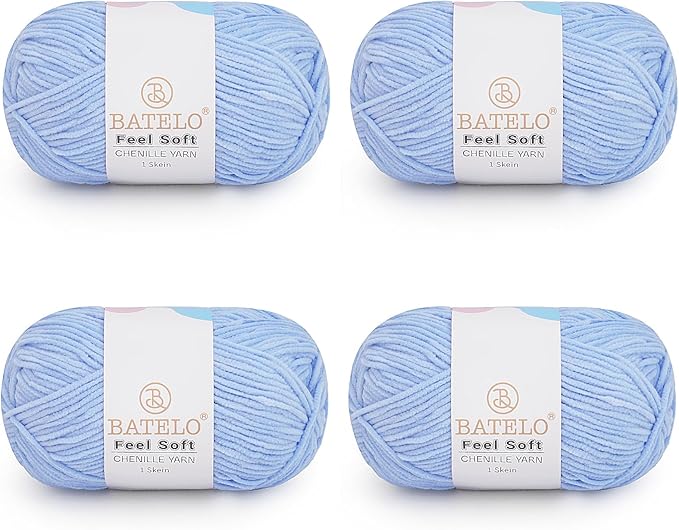 Four light blue BATELO thin chenille yarn skeins with Feel Soft labels on a white background