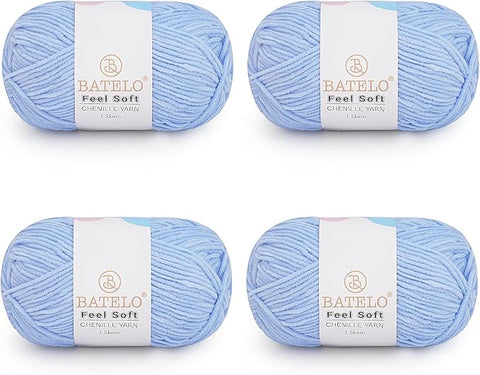 Four light blue BATELO thin chenille yarn skeins with Feel Soft labels on a white background