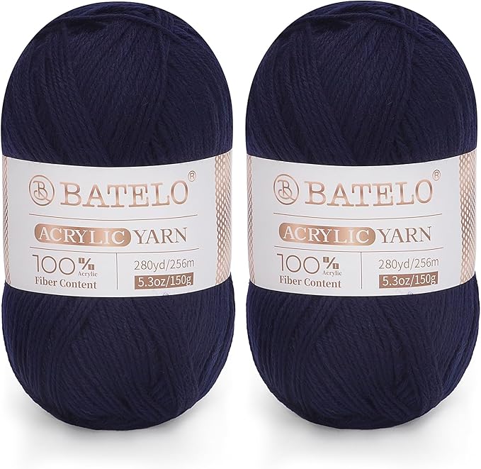 Two navy blue BATELO light acrylic yarn skeins with branded bands on a white background