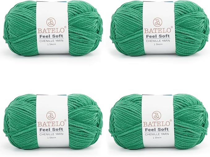 Four mint green BATELO thin chenille yarn skeins with Feel Soft labels on a white background