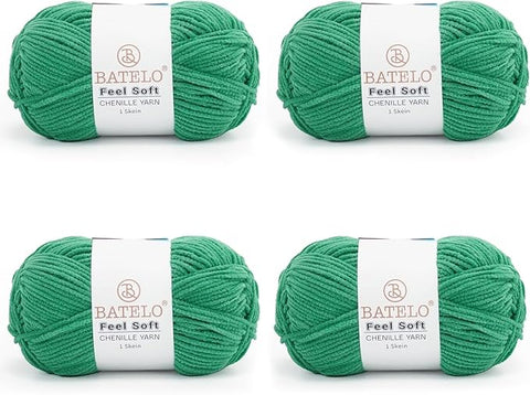 Four mint green BATELO thin chenille yarn skeins with Feel Soft labels on a white background