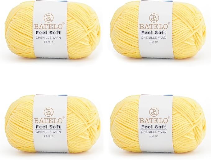 Four pale yellow BATELO thin chenille yarn skeins with Feel Soft labels on a white background
