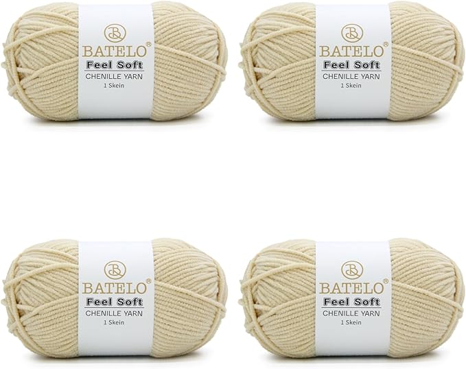 Four beige BATELO thin chenille yarn skeins with Feel Soft labels on a white background
