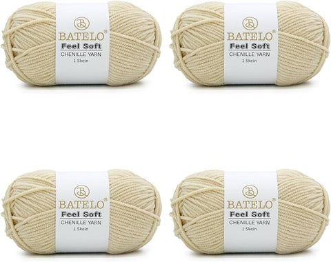 Four beige BATELO thin chenille yarn skeins with Feel Soft labels on a white background
