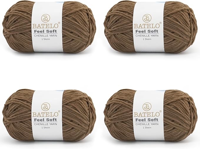 Four brown BATELO thin chenille yarn skeins with Feel Soft labels on a white background
