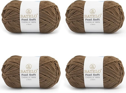 Four brown BATELO thin chenille yarn skeins with Feel Soft labels on a white background