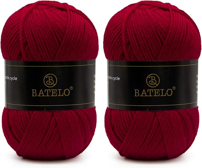 Two burgundy BATELO light acrylic yarn skeins with branded bands on a white background