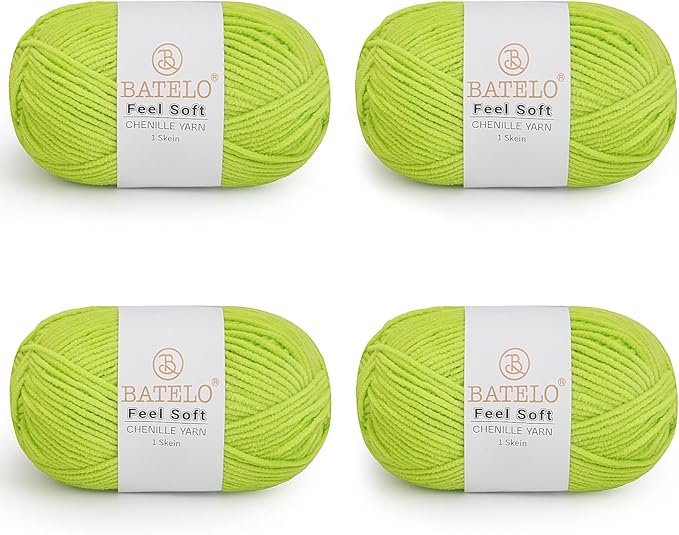 Four lime green BATELO thin chenille yarn skeins with Feel Soft labels on a white background