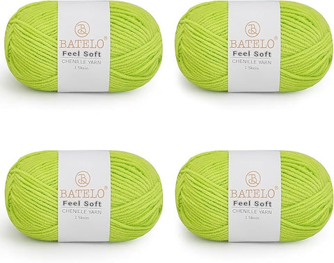 Four lime green BATELO thin chenille yarn skeins with Feel Soft labels on a white background