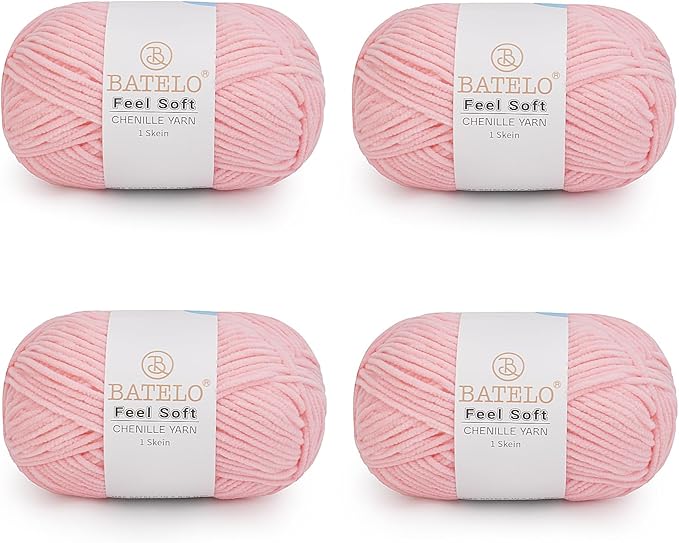 Four light pink BATELO thin chenille yarn skeins with Feel Soft labels on a white background