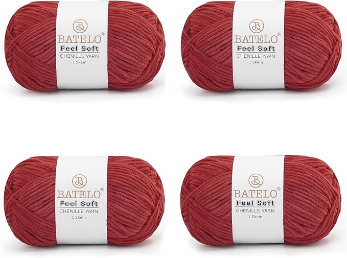 Four brick red BATELO thin chenille yarn skeins with Feel Soft labels on a white background