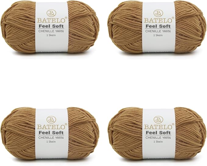 Four tan BATELO thin chenille yarn skeins with Feel Soft labels on a white background