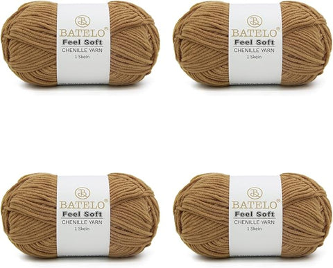 Four tan BATELO thin chenille yarn skeins with Feel Soft labels on a white background
