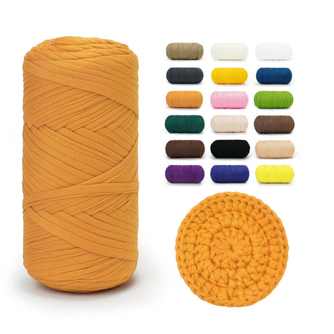 Orange BATELO stretchy T-shirt yarn roll with crochet swatch and color chart