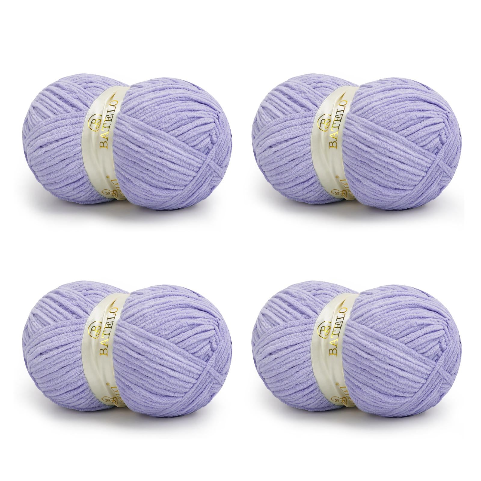 Four lavender BATELO bulky chenille blanket yarn skeins arranged on a white background