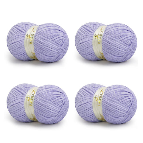 Four lavender BATELO bulky chenille blanket yarn skeins arranged on a white background