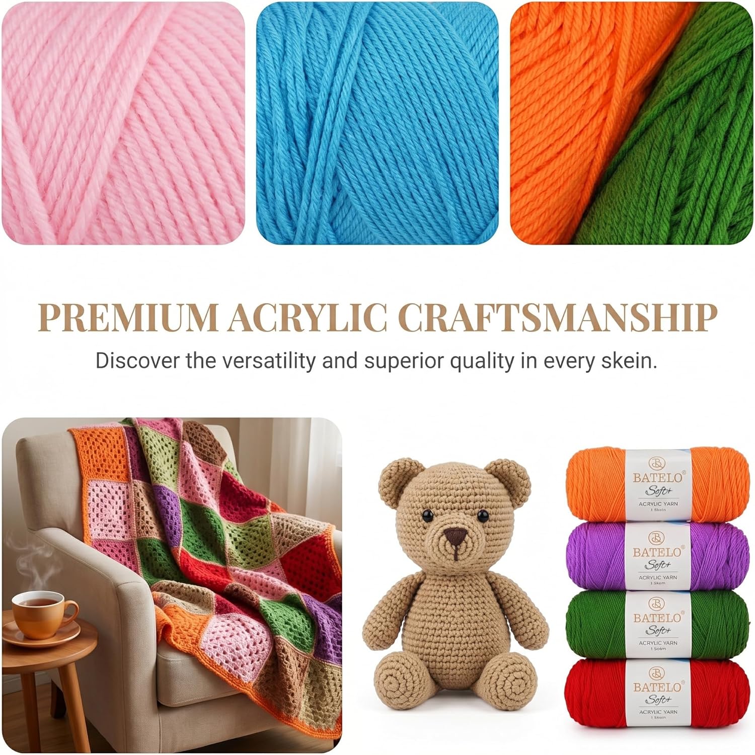 Acrylic yarn benefits graphic with color swatches, striped blanket, crochet bear, and stacked skeins