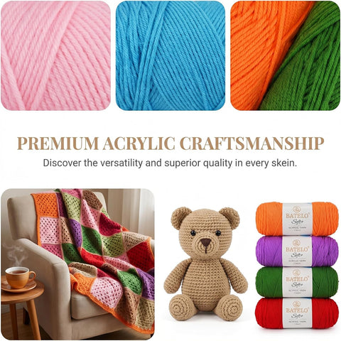 Acrylic yarn benefits graphic with color swatches, striped blanket, crochet bear, and stacked skeins