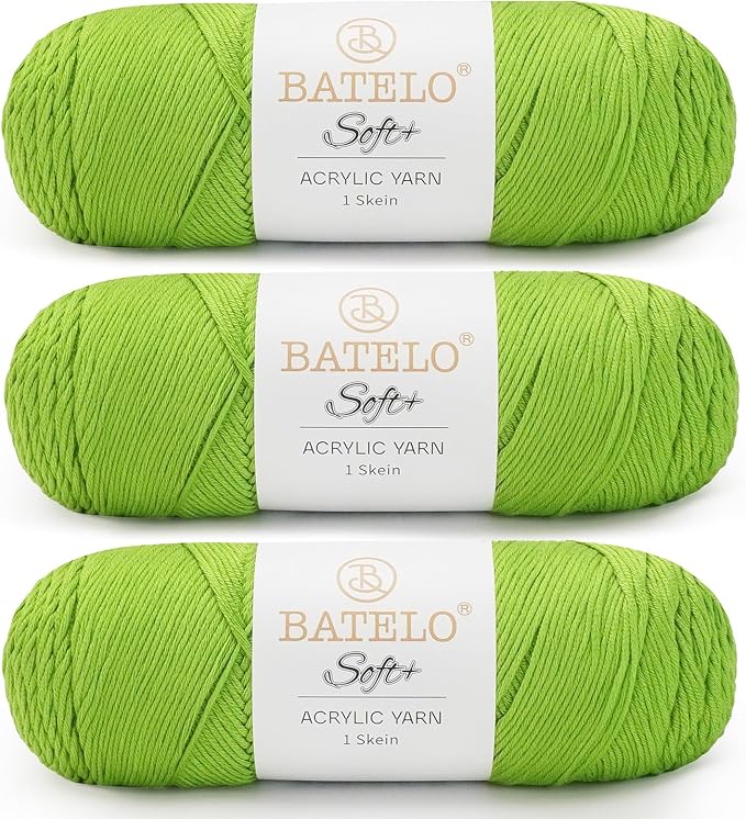 Three lime green BATELO medium acrylic yarn skeins with white labels on a white background