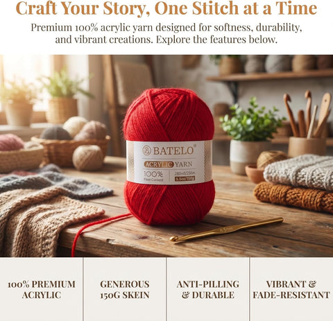 Red BATELO acrylic yarn skein with crochet hook and knitted swatches in a product benefits graphic