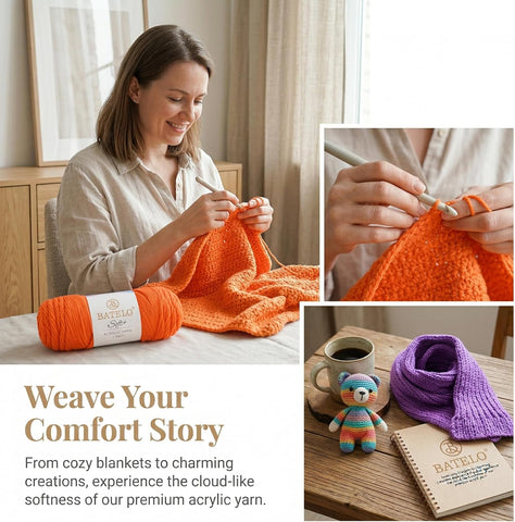 Woman crocheting orange yarn beside blanket and toy projects in a Weave Your Comfort Story graphic
