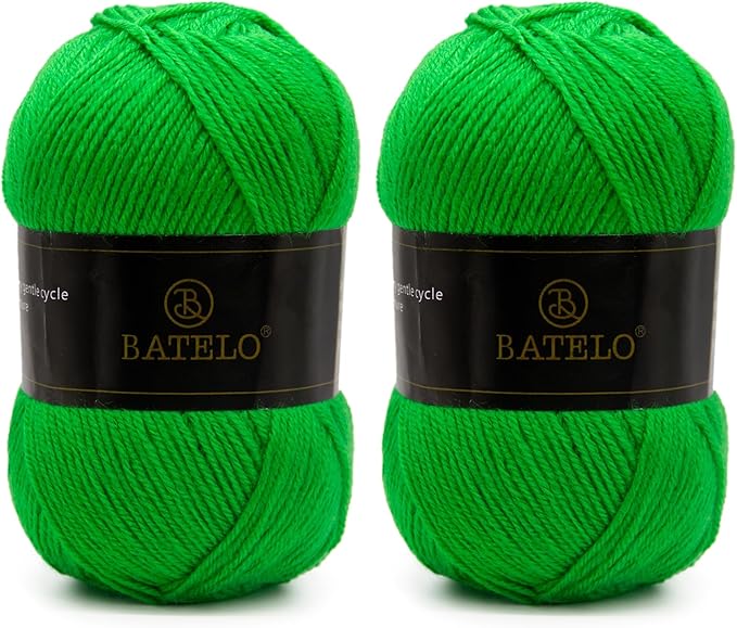 Two bright green BATELO light acrylic yarn skeins with branded bands on a white background