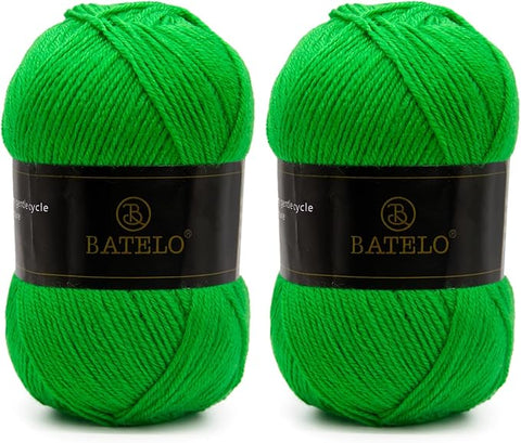 Two bright green BATELO light acrylic yarn skeins with branded bands on a white background