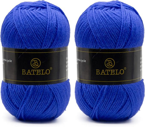Two royal blue BATELO light acrylic yarn skeins with branded bands on a white background