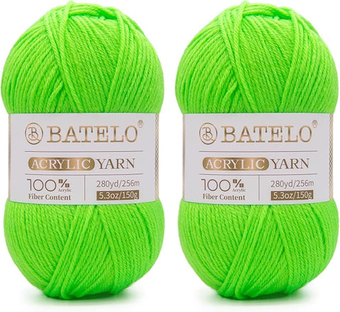 Two neon green BATELO light acrylic yarn skeins with branded bands on a white background