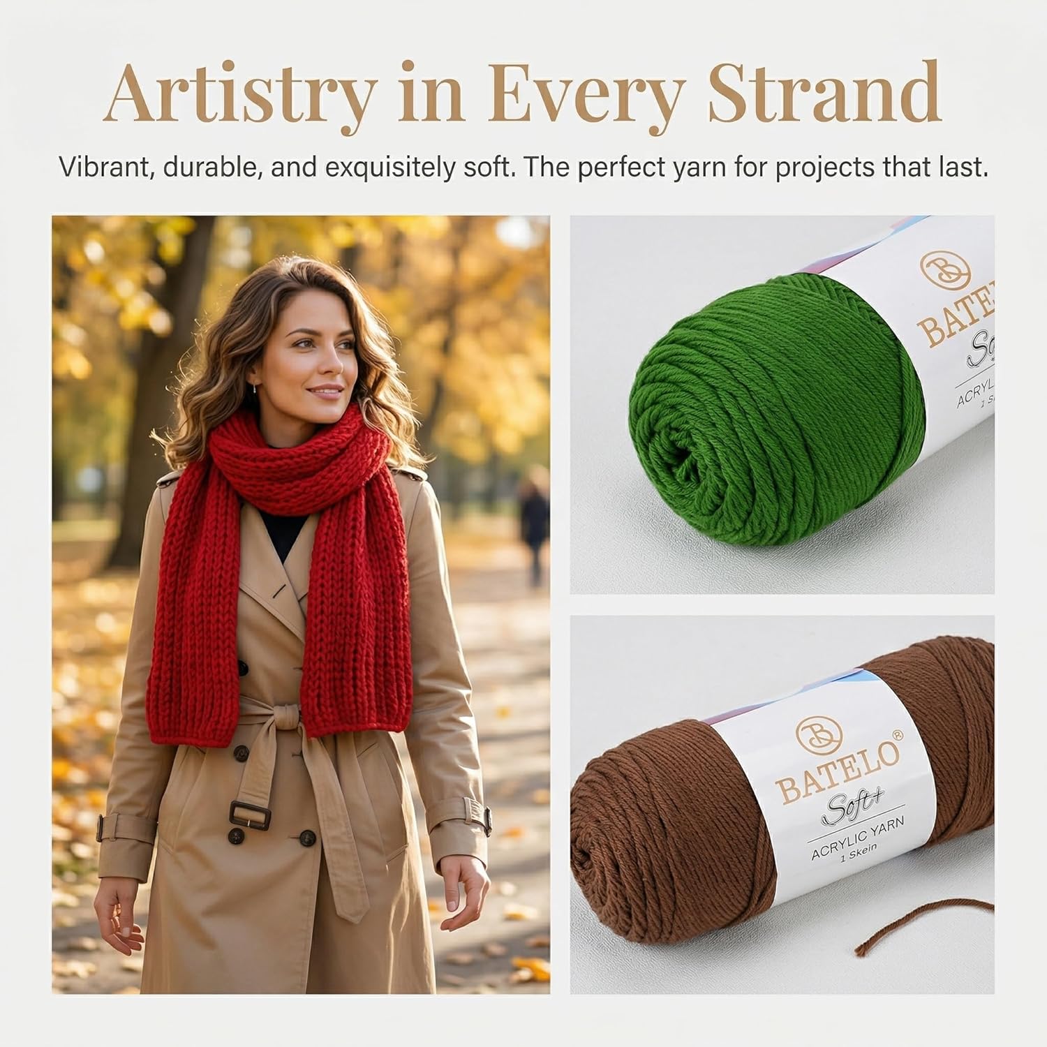 Woman wearing a red knitted scarf beside green and brown BATELO yarn in an Artistry in Every Strand graphic