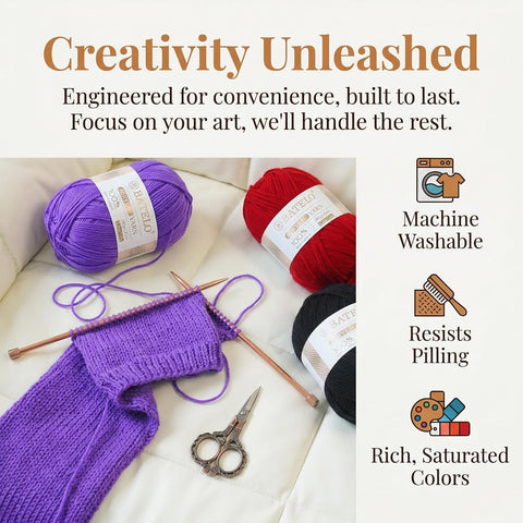Purple knitting project with red, black, and purple yarn skeins in a Creativity Unleashed graphic