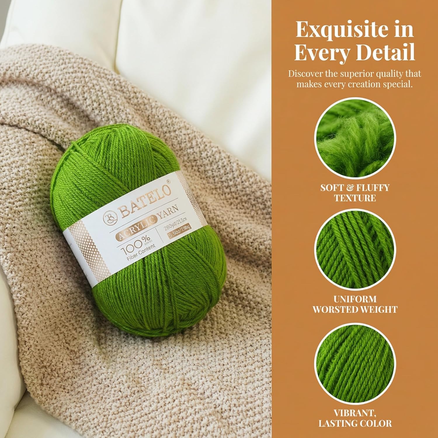 Green BATELO acrylic yarn skein on a knitted blanket with three texture detail callouts