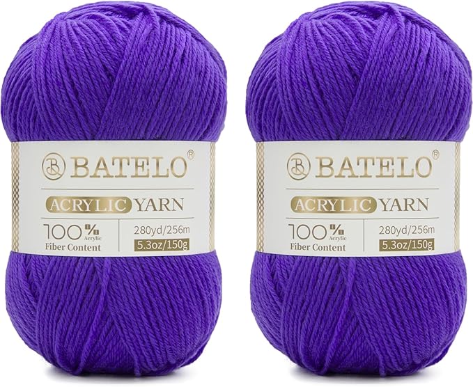 Two purple BATELO light acrylic yarn skeins with branded bands on a white background