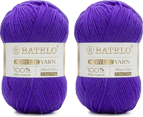 Two purple BATELO light acrylic yarn skeins with branded bands on a white background