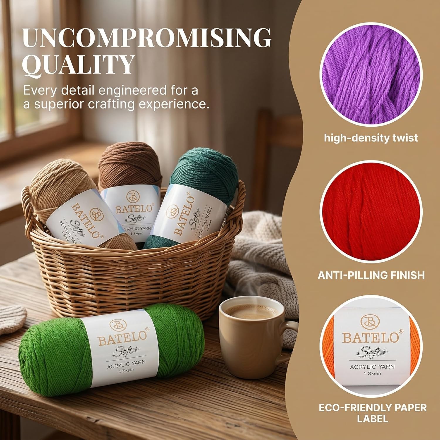 BATELO yarn quality graphic with basket of skeins, texture close-ups, and red and green samples