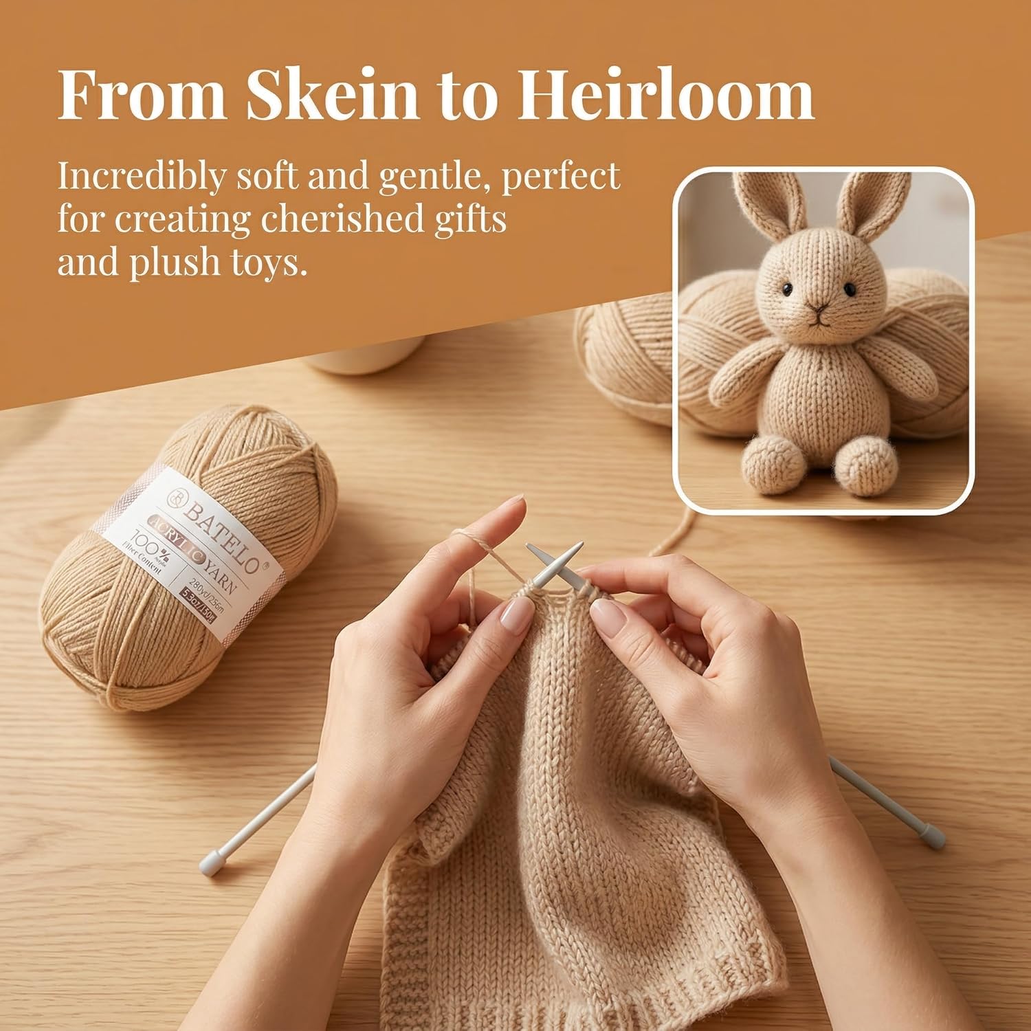Hands knitting beige acrylic yarn beside a finished crochet bunny in a From Skein to Heirloom graphic