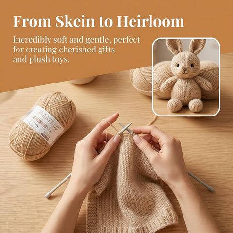 Hands knitting beige acrylic yarn beside a finished crochet bunny in a From Skein to Heirloom graphic