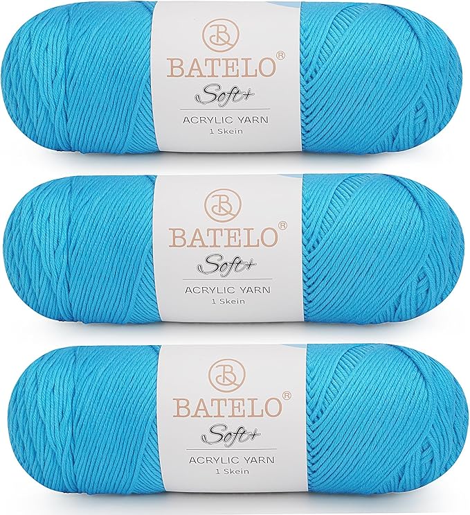 Three cyan blue BATELO medium acrylic yarn skeins with white labels on a white background